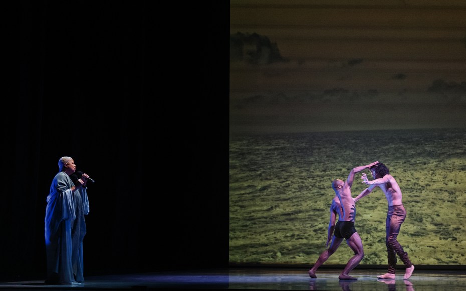 Lisa Fischer, Babatunji Johnson, and Shuaib Elhassan perform in ‘Let Not Your Heart Be Troubled.’ Photo by Jamie Lyons Visuals by Richard Misrach